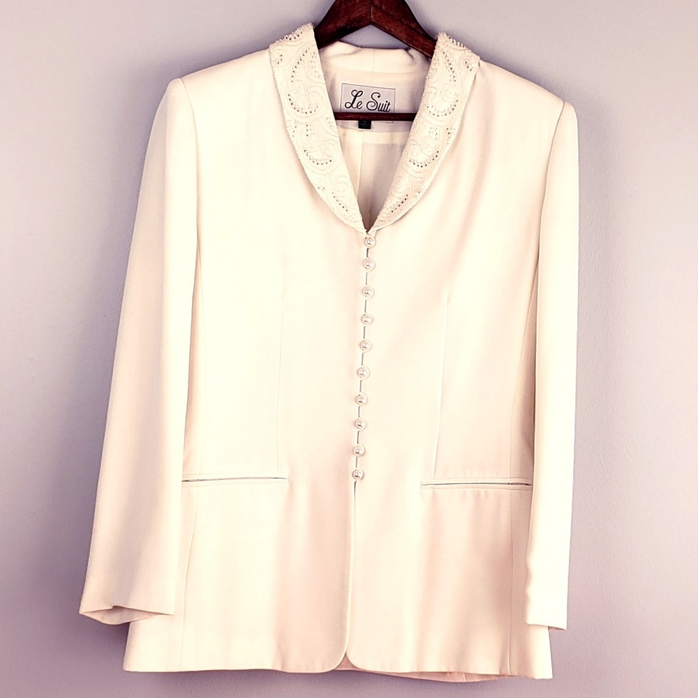 Le Suit White BlazerJacket Skirt Suit Set SZ 10
